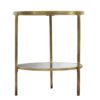 round metal framed side table with a champagne gold finish, clear glass top and mirror shelf below