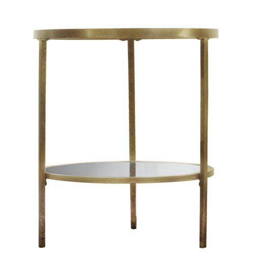 round metal framed side table with a champagne gold finish, clear glass top and mirror shelf below