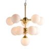 brass cluster pendant light with a mid century design - eleven white glossy sphere glass lampshade attached to a simple metal frame with adjustable cord