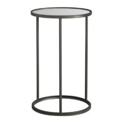black metal framed round side table with mirrored top