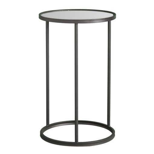 black metal framed round side table with mirrored top