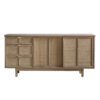 sold ash wooden sideboard with three drawers and two cupboards with a panelled ratten cane door detail