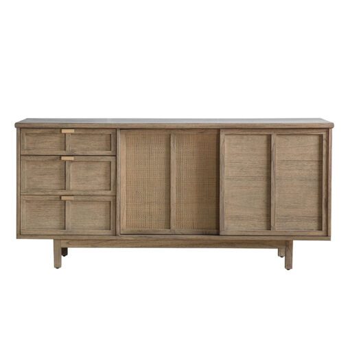 sold ash wooden sideboard with three drawers and two cupboards with a panelled ratten cane door detail