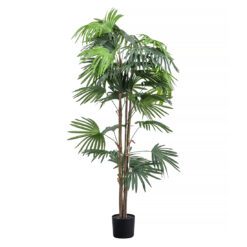 large faux chinest fan palm tree potted in black pot