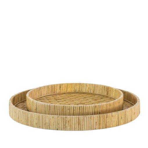 set of two round rattan trays with a natural finish