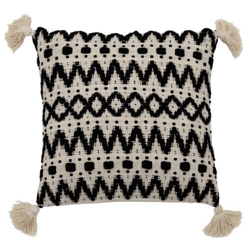 black and cream square cushion with a bold aztec pattern and four large cream corner pom poms