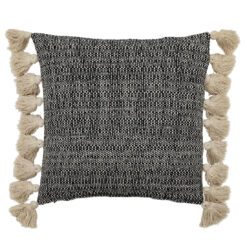 woven black and cream textured square cushion with large cream pom pom edging