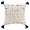 square boho cushion with a loose cream weave and contrasting black stithing, textured diamond patterning and black corner pom poms