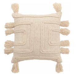 square cotton cream cushion with a stitched textured design and large pom pom edges