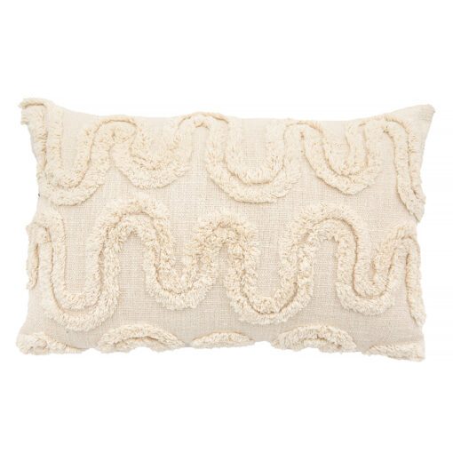 rectangular cushion with a cream loosely woven cotton cover and tufted wavy detailing