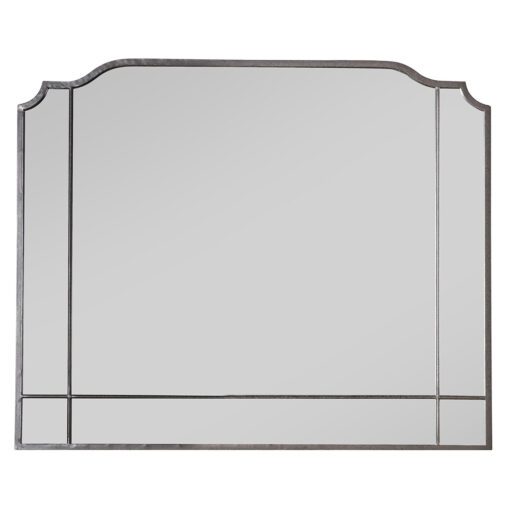 large overmantle mirror with a thin charcoal iron frame, elegantly curved top and panelled detailing