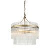 round brass chandelier pendant light with layers of clear glass vertical rods suspended from a metal frame available in two sizes
