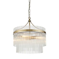 round brass chandelier pendant light with layers of clear glass vertical rods suspended from a metal frame available in two sizes