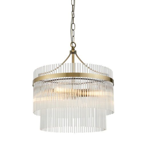 round brass chandelier pendant light with layers of clear glass vertical rods suspended from a metal frame available in two sizes