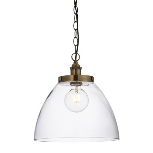 large domed glass vintage style pendant light with retro style fittings and black textured industrial cord