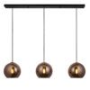 black linear light with three suspended round pendants with a mirrored copper finish