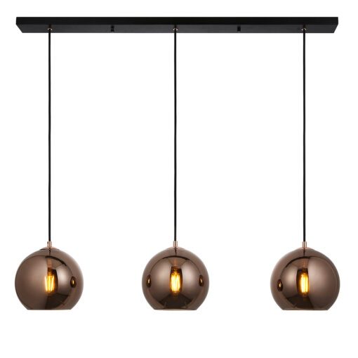 black linear light with three suspended round pendants with a mirrored copper finish