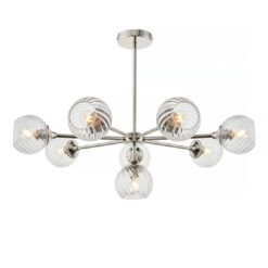 eight arm shiny nickel pendant light with clear glass fluted shades