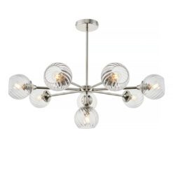 eight arm shiny nickel pendant light with clear glass fluted shades