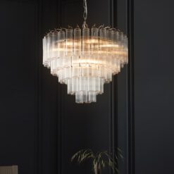 large art deco style twelve pendant chandelier with layers of clear glass ribbed glass tubes suspended from a silver steel frame and adjustable chain