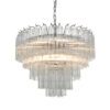 large art deco style twelve pendant chandelier with layers of clear glass ribbed glass tubes suspended from a silver steel frame and adjustable chain