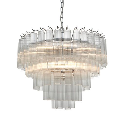large art deco style twelve pendant chandelier with layers of clear glass ribbed glass tubes suspended from a silver steel frame and adjustable chain