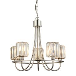 five arm nickel plated chandelier pendant light with faceted glass art deco style shades
