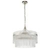 round silver chandelier pendant light with layers of clear glass vertical rods suspended from a metal frame available in two sizes