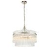 round silver chandelier pendant light with layers of clear glass vertical rods suspended from a metal frame available in two sizes