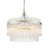 round silver chandelier pendant light with layers of clear glass vertical rods suspended from a metal frame available in two sizes
