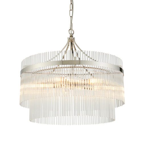 round silver chandelier pendant light with layers of clear glass vertical rods suspended from a metal frame available in two sizes