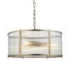 antique brass metal drum pendant light with clear ribbed glass panels, adjustable chain and three pendant lights