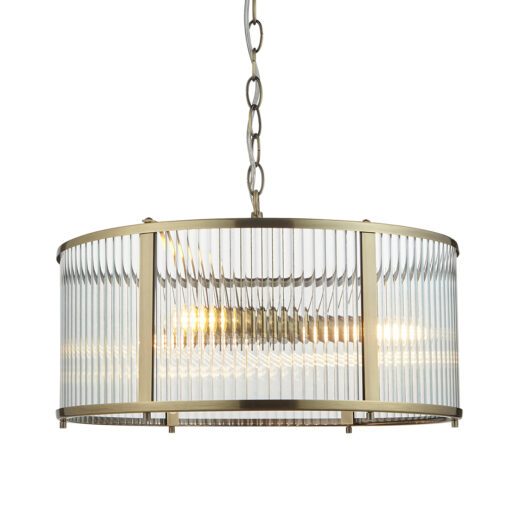 antique brass metal drum pendant light with clear ribbed glass panels, adjustable chain and three pendant lights