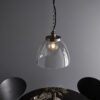large domed glass vintage style pendant light with brass plate retro style fittings and black textured industrial cord