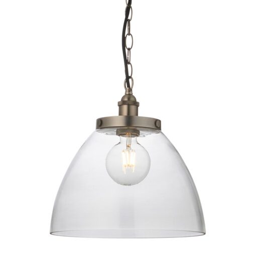 large domed glass vintage style pendant light with brass plate retro style fittings and black textured industrial cord