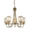 five arm brass plated chandelier pendant light with faceted glass art deco style shades