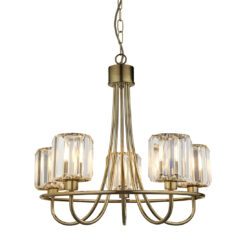 five arm brass plated chandelier pendant light with faceted glass art deco style shades