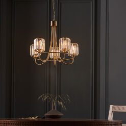 five arm brass plated chandelier pendant light with faceted glass art deco style shades
