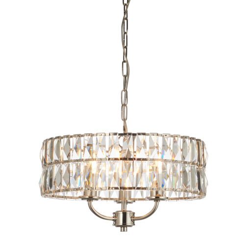 bright nickel plated drum pendant lights available in two sizes with clear glass faceted shades and adjustable chains