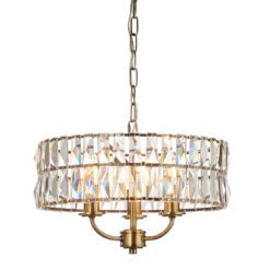 antique brass plated drum pendant lights available in two sizes with clear glass faceted shades and adjustable chains