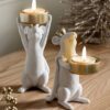 set of two white mice tealight holders with gold crown accents