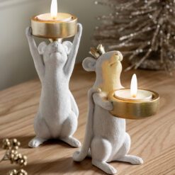 set of two white mice tealight holders with gold crown accents