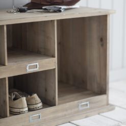 rustic wooden shoe and boot storage unit with six compartments