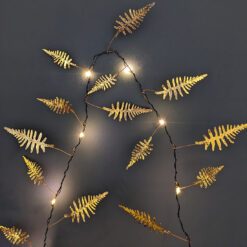 handcrafted metal fern leaf light garlland finished in antique gold with 20 warm white LED lights