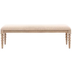 handcrafted oak dining bench with turned bobbin legs and a natural upholstered seat pad