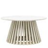 round coffee table with a tapered slatted wooden base finished in a sand blasted white wash and completed with a white Indian marble table top