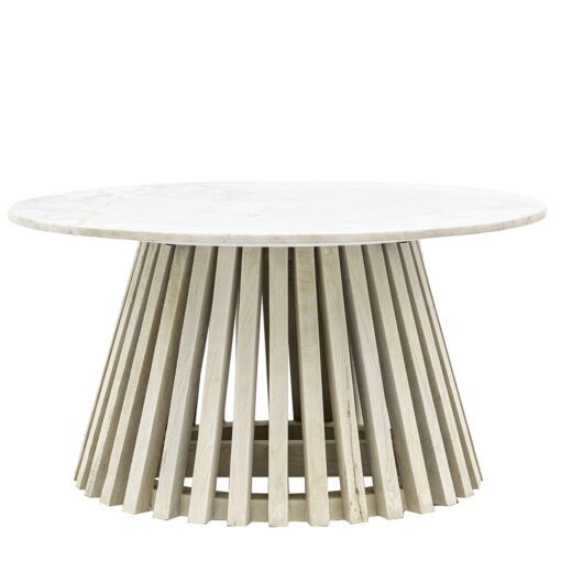 round coffee table with a tapered slatted wooden base finished in a sand blasted white wash and completed with a white Indian marble table top