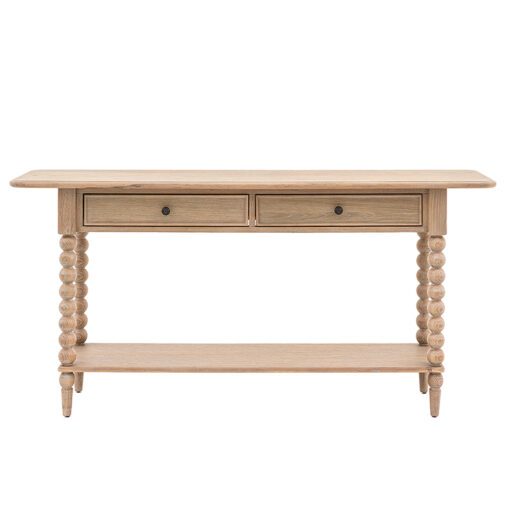 handcrafted oak console table with two drawers and lower shelf, bobbin turned legs and a lime wash finish