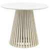 round dining table with a tapered slatted wooden base finished in a white wash and completed with a white Indian marble table top