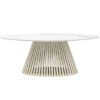 oval dining table with a tapered slatted wooden base finished in a sand blasted white wash and completed with a white Indian marble table top